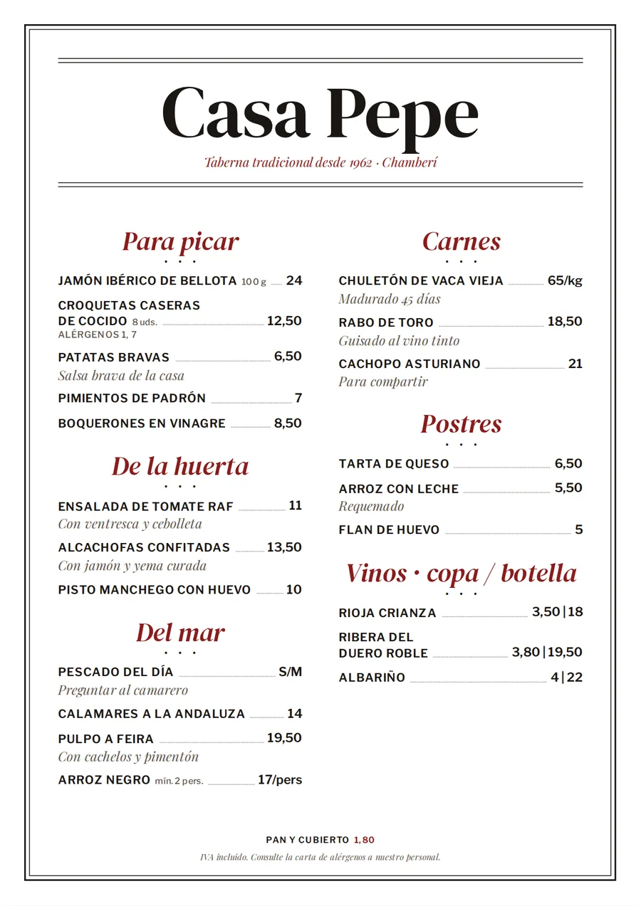 Carta en estilo Brasserie